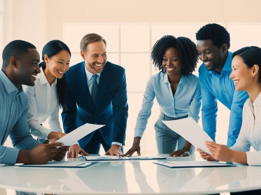 A team of diverse professionals in a bright modern office, smiling and discussing documents at a table InsuraJunction